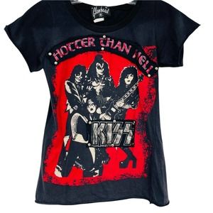 VTG Glamhead Kiss Hotter Than Hell Tee Shirt Black Studded Rock & Roll Juniors M